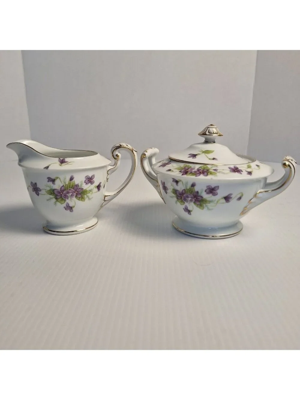 WENTWORTH CHINA JAPAN PURPLE FLORAL GOLD TRIM CREAM AND LIDDED SUGAR SET VIOLA